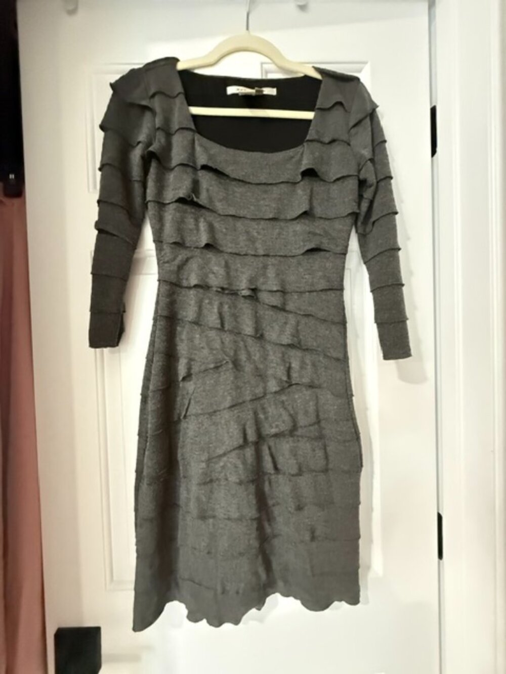 Max Studio Gray Ruffle Knit Sheath Dress XS 3/4 Sleeve Stretch